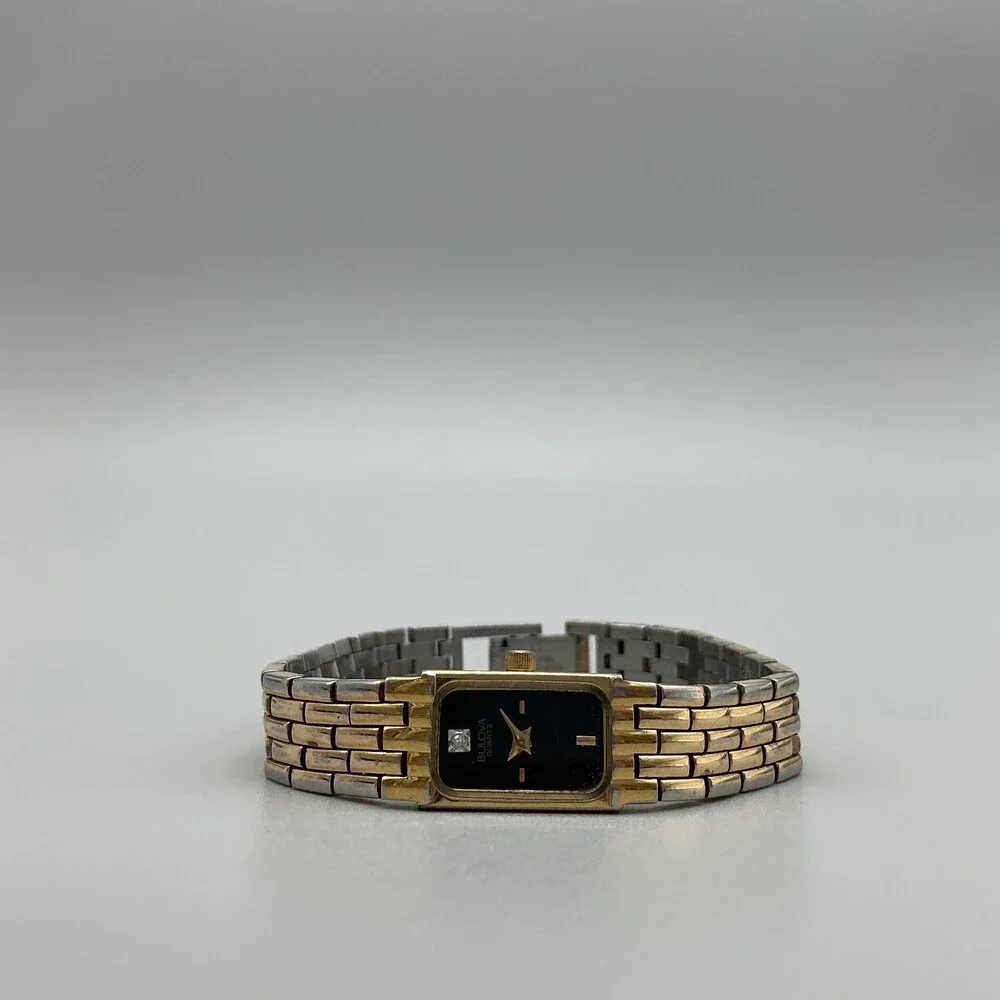 Vintage Bulova Womens Watch 12mm Black Dial Gold Tone Diamond New Battery